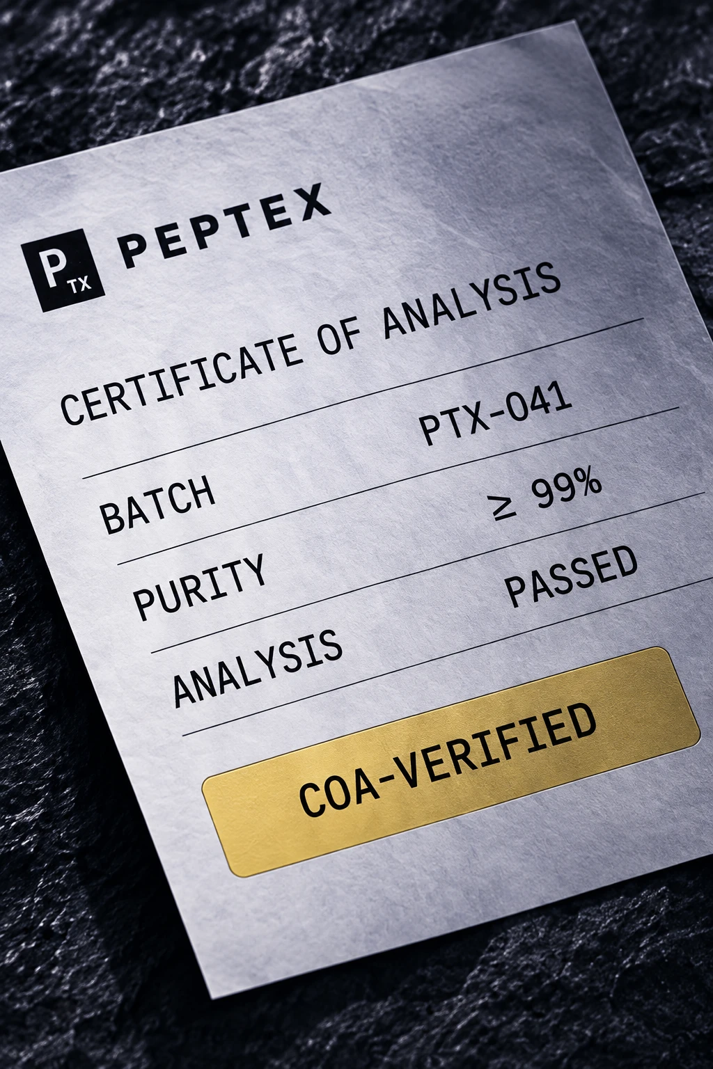 Voorbeeldweergave van een analysecertificaat op donkere steen